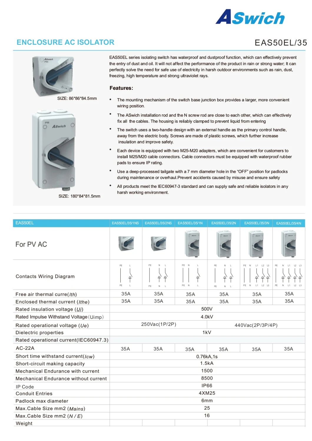 Aswich EAS50 Series UV Resistance Outdoor Home PV Industrial Commercial Mini AC Isolating Switches Isolator