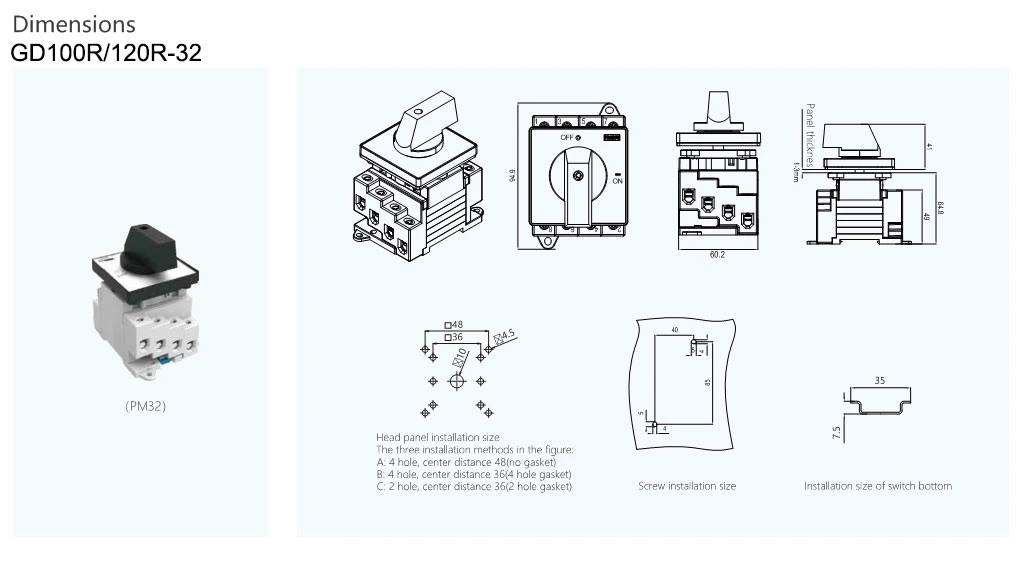 IP66 Waterproof 32A Panel Mounting Cage Type DC Disconnector Switches Isolating Switch Box DC Isolators