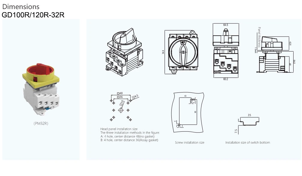 IP66 Waterproof 32A Panel Mounting Cage Type DC Disconnector Switches Isolating Switch Box DC Isolators