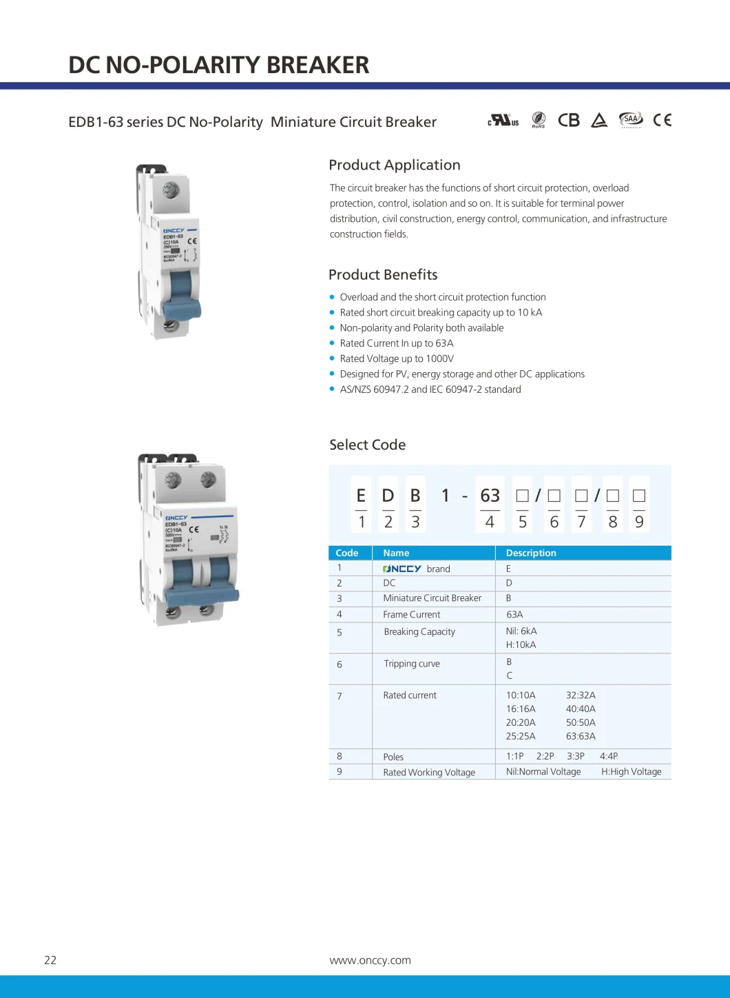 2p DC 1000V Solar Mini Circuit Breaker 10A 16A 20A 32A 50A 63A DC MCB for PV System